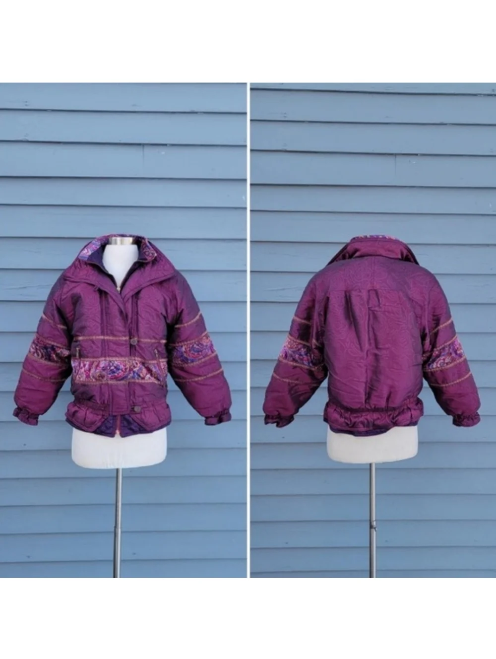 Vintage 80s Giacca Young Gallery Puffer Ski Jacket Purple Paisley‎ Brocade 14